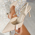 Women Pointed Toe Pumps Shoes 3.2inch High Heel Slip On Rhinestone Glitter Heels Comfy Heels for Party Working Dressy - Evallys.com