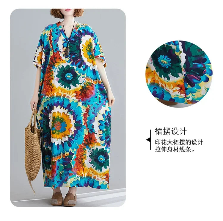 Boho Floral Maxi Dress – Cotton Linen V-Neck Summer Beach Wear - Evallys.com