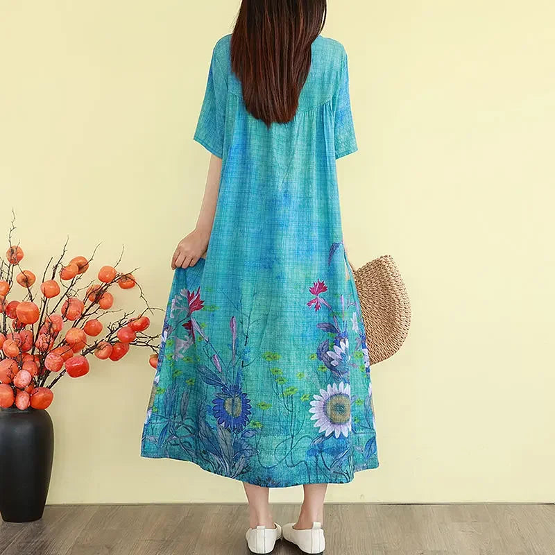 Retro Cotton Linen Dress – Summer Print Loose Long Maxi Dress - Evallys.com