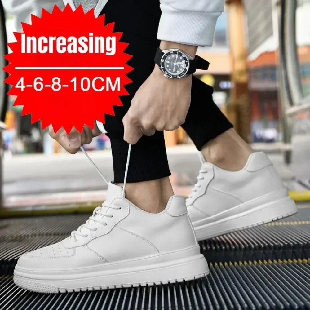PDEP Men’s Elevator Sneakers – 10cm Height Increasing White Leather Shoes - Evallys.com