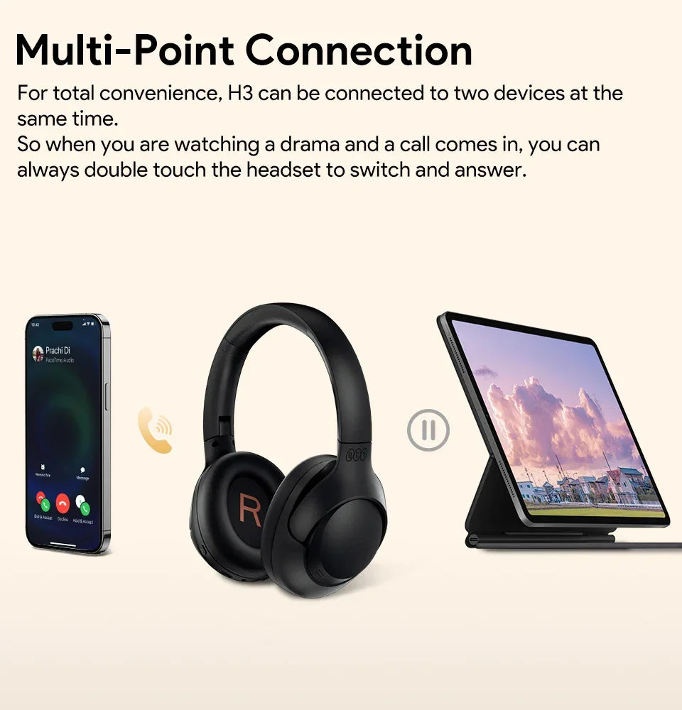 QCY H3 ANC Wireless Headphones Bluetooth 5.4 Hi-Res Audio Over Ear Headset 43dB Hybrid Active Noise Cancellation Earphones 60H - Evallys.com