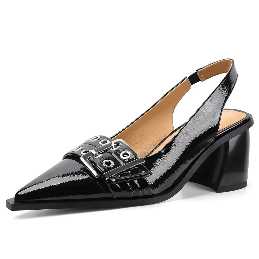 Women's Slingback Heels Block Chunky Heel Comfortable Pointed Toe Pumps Wide Metal Buckle Strap Office Party Dress Shoes Woman - Evallys.com