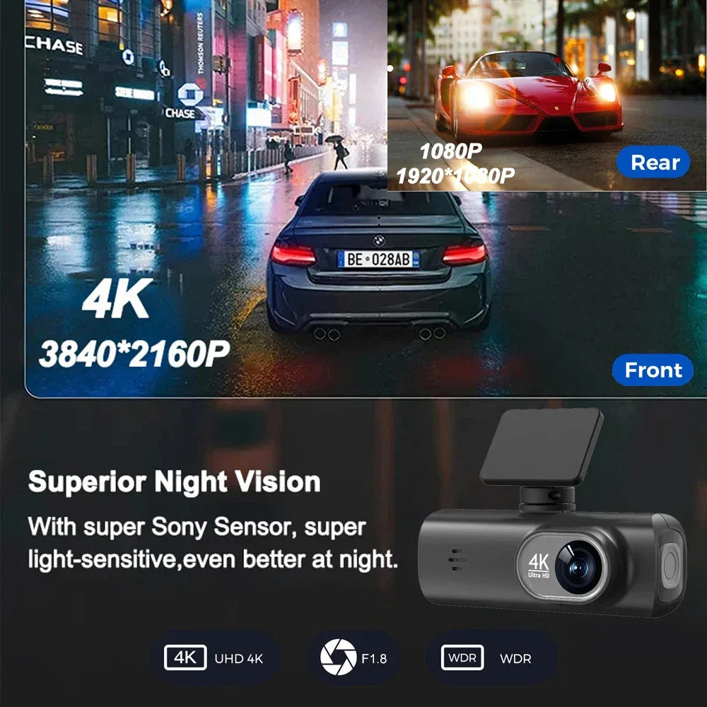 UHD 4K Dash Cam Dual Lens Driving Recorder Car DVR 1080P Rear Lens Camera Built-In WiFi GPS 24-Hour Parking Monitoring Black Box - Evallys.com