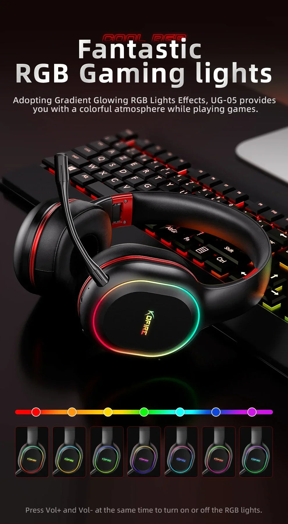 Kofire UG-05 Gaming Headphones 2.4G BT5.0 Wireless Headset With Mic RBG Light Vibration Bluetooth Earphone For PS4 PS5 PC Switch - Evallys.com