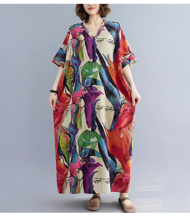 Vintage Floral Cotton Linen Maxi Dress – Oversized Boho Summer Wear - Evallys.com