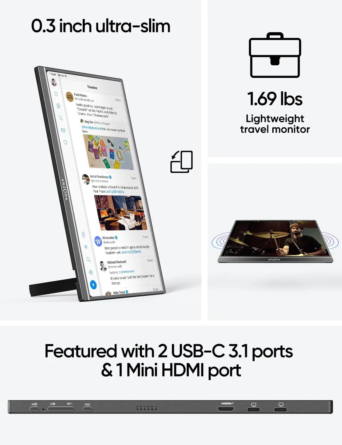 ARZOPA Portable Monitor 17.3'' 1080P HDR IPS Kickstand Speakers for PC Mac Phone Xbox Switch PS HDMI USB External Laptop Screen - Evallys.com