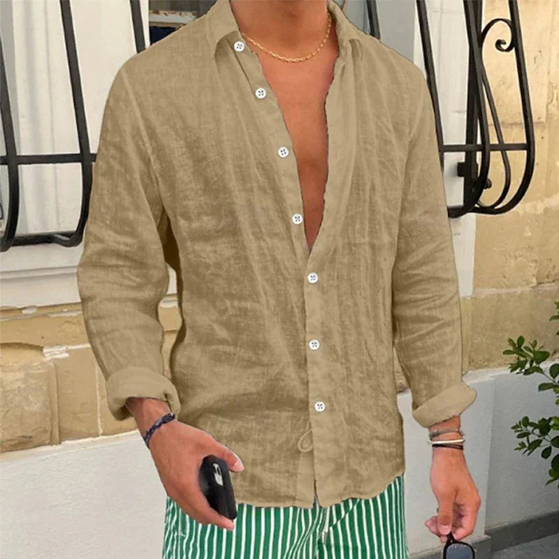 Spring New Casual Linen Shirts Mens Long Sleeve Button-up Turn-down Collar Shirt Seaside Beach Vintage Men Solid Color Cardigans - Evallys.com