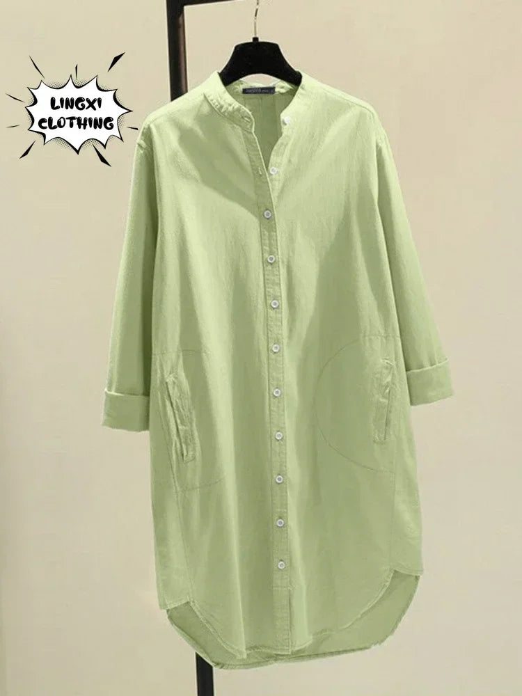 Elegant Cotton Linen Women’s Mid-Length Shirt – Casual Commuter Style - Evallys.com