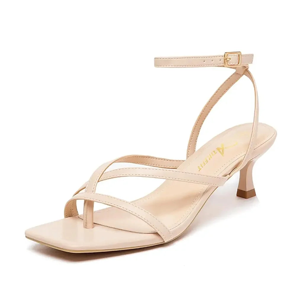 Women's Strappy Kitten Heels Square Toe Flip Flops Low Heels Ankle Strap Party Dress Thong Heeled Sandals - Evallys.com