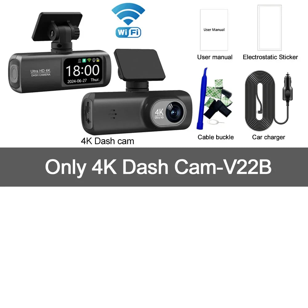 UHD 4K Dash Cam Dual Lens Driving Recorder Car DVR 1080P Rear Lens Camera Built-In WiFi GPS 24-Hour Parking Monitoring Black Box - Evallys.com