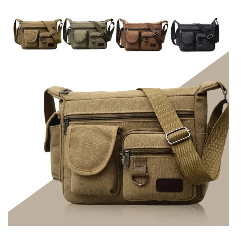 Men's Canvas Messenger Bag, Casual Travel Shoulder Bag, Outdoor Sports, Multi-Pocket Adjustable Shoulder Strap - Evallys.com