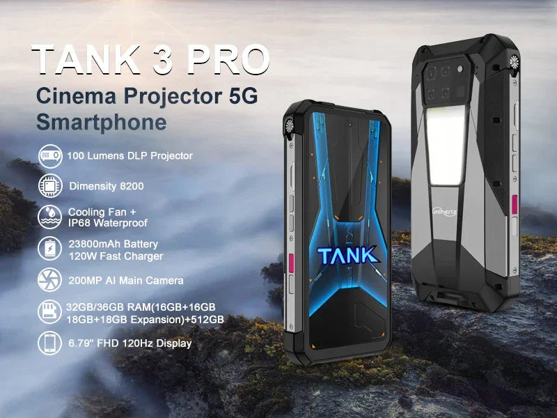 Unihertz Tank 3 Pro 8849 Projector Smartphone Android 14 5G Phone, 32GB 512GB, 200MP Camera, Dimensity 8200, IP68, Bluetooth 5.3 - Evallys.com