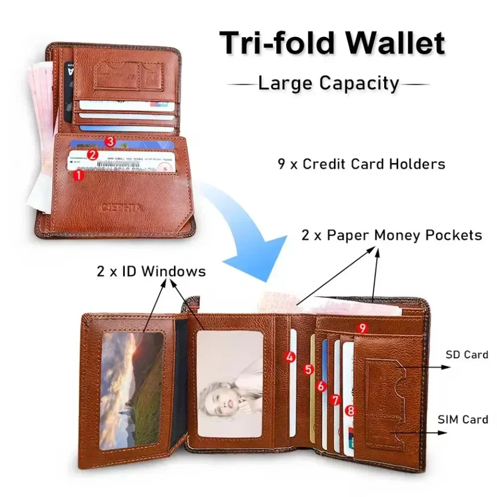 Men Wallet Genuine Leather Rfid Blocking Trifold Wallet Vintage Thin Short Multi Function ID Credit Card Holder Male Purse Money - Evallys.com