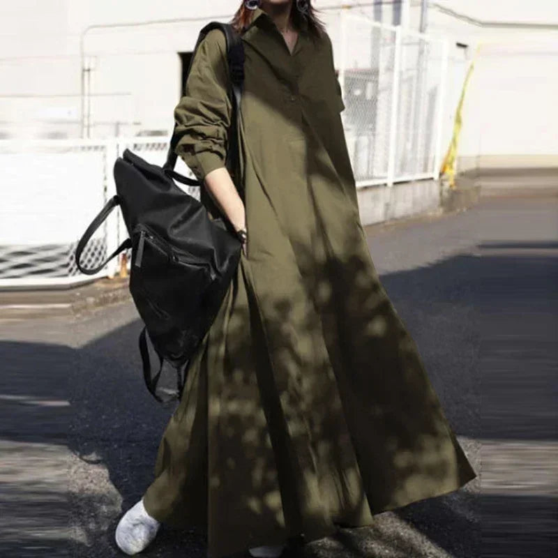 Vintage Cotton Linen Shirt Dress Women’s Autumn Long Maxi Robe - Evallys.com