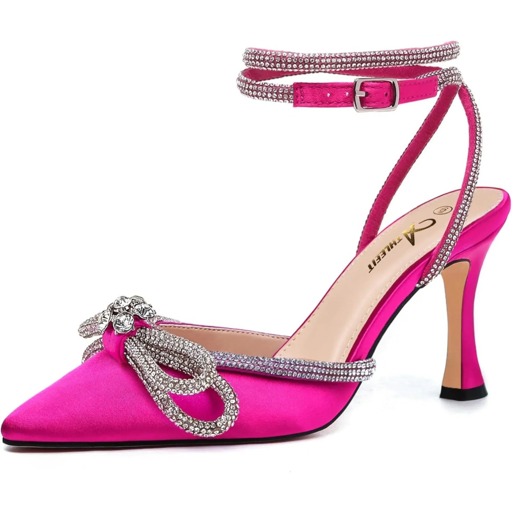 Women's Rhinestone Bow Heels Ankle Strap Pointed Toe Stiletto Heeled Sandals Wedding Bridal Dress Pumps Shoes - Evallys.com