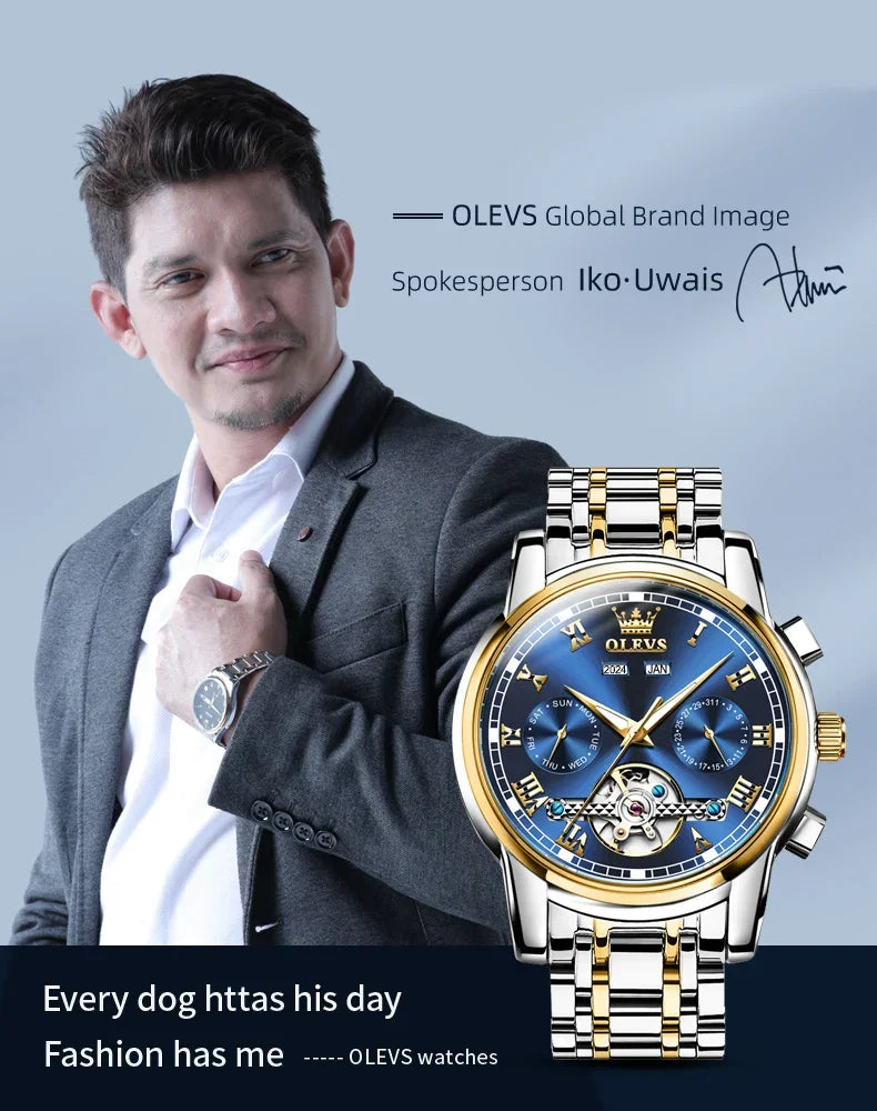 OLEVS Men's Watches Automatic Mechanical Business Wristwatch Waterproof Stainless Steel Strap Watch for Man Skeleton Calendar - Evallys.com