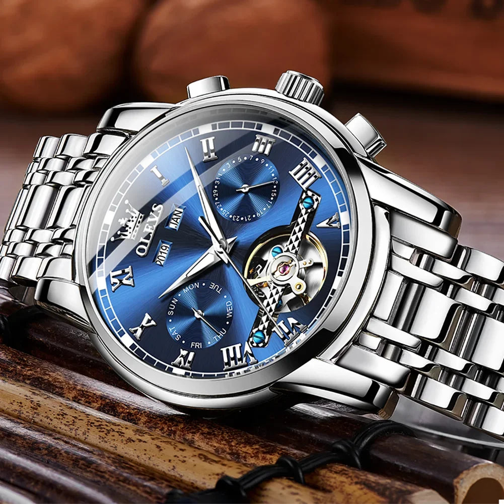 OLEVS Men's Watches Automatic Mechanical Business Wristwatch Waterproof Stainless Steel Strap Watch for Man Skeleton Calendar - Evallys.com