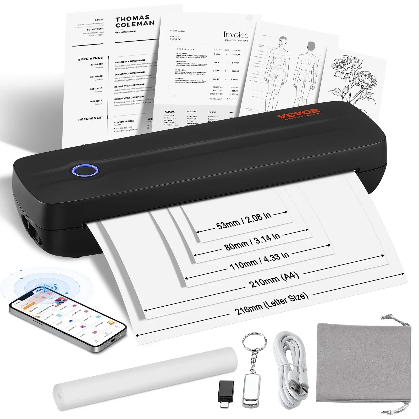 SucceBuy Portable Bluetooth Inkless Mobile Thermal Printer for A4 A5 11-2600mAh Battery Compatible with Mutiple Systems Home - Evallys.com