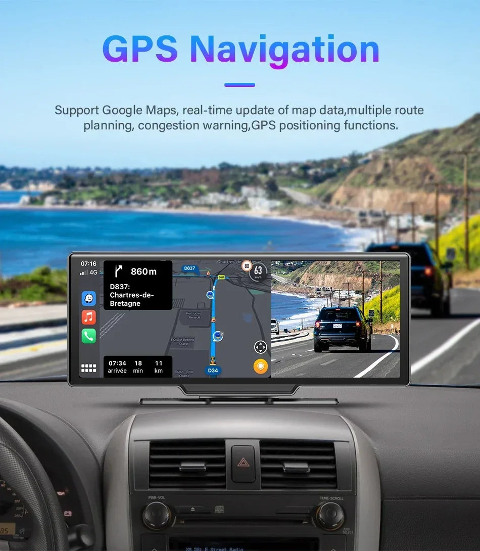 10.26'' Dash Cam 4K Car Mirror Video Player Wireless Carplay Android Auto GPS Car Monitor Multimedia Rearview Camera Dashboard - Evallys.com
