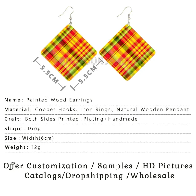 SOMESOOR Madras & Plaid Fabric Design Wooden Drop Earrings Afro Ethnic Headwrap Pattern Print Ear Dangle Jewelry For Women Gifts - Evallys.com