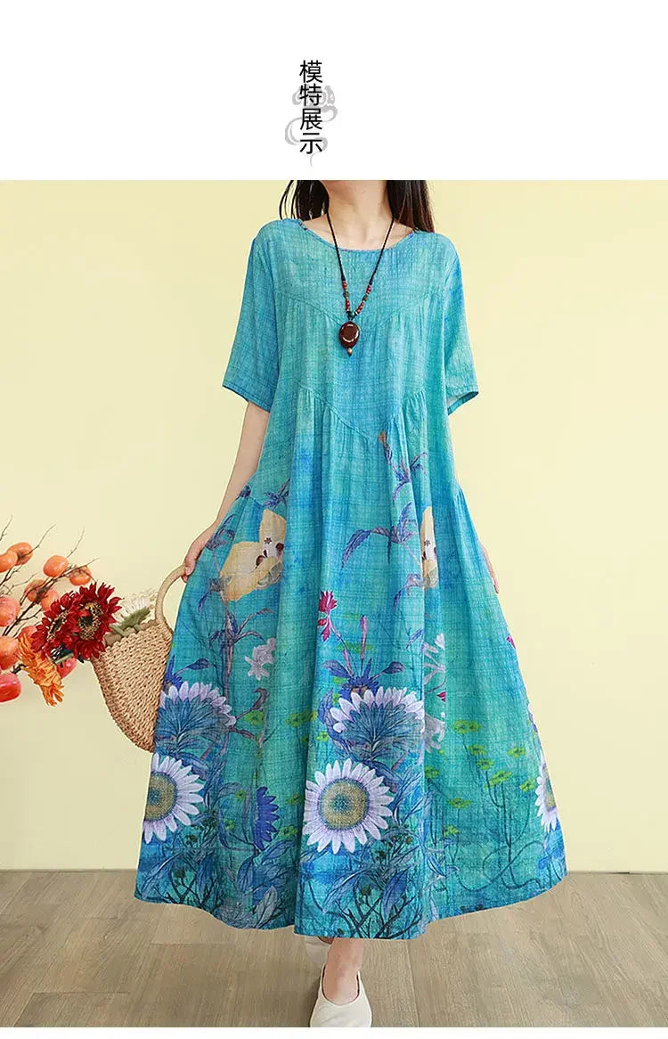 Retro Cotton Linen Dress – Summer Print Loose Long Maxi Dress - Evallys.com