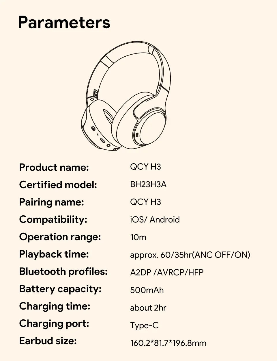 QCY H3 ANC Wireless Headphones Bluetooth 5.4 Hi-Res Audio Over Ear Headset 43dB Hybrid Active Noise Cancellation Earphones 60H - Evallys.com