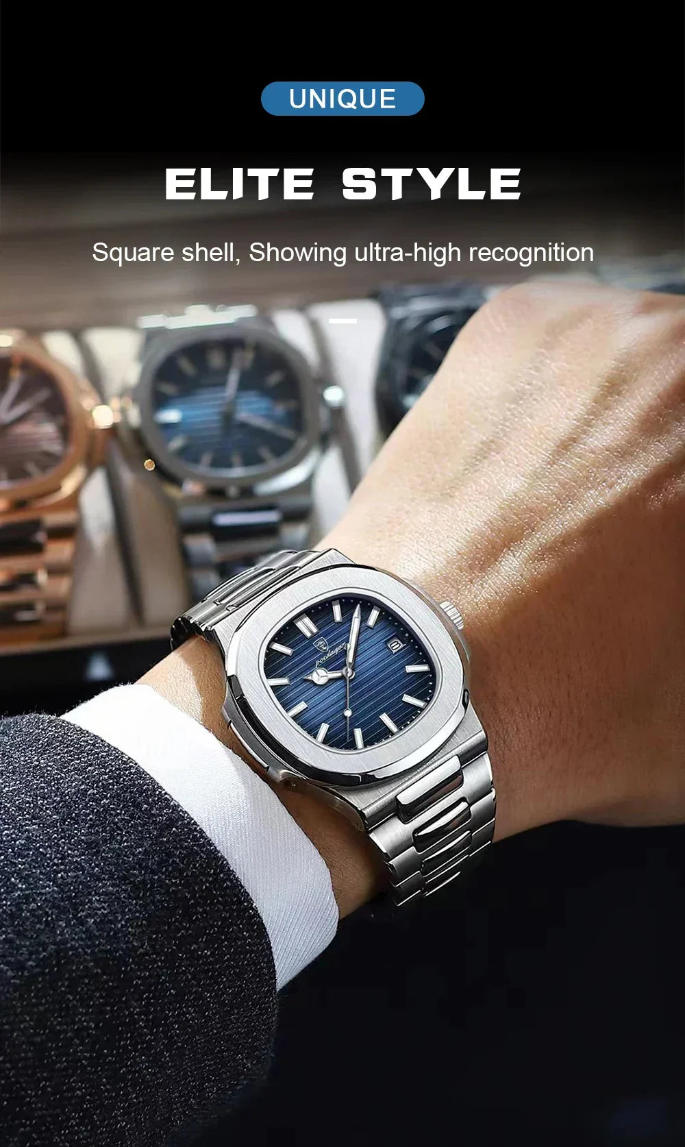 POEDAGAR Luxury Casual Watch Top Brand Fashion Square Dial Stainless Steel Calendar Luminous Waterproof Men Watch Male Clock+Box - Evallys.com