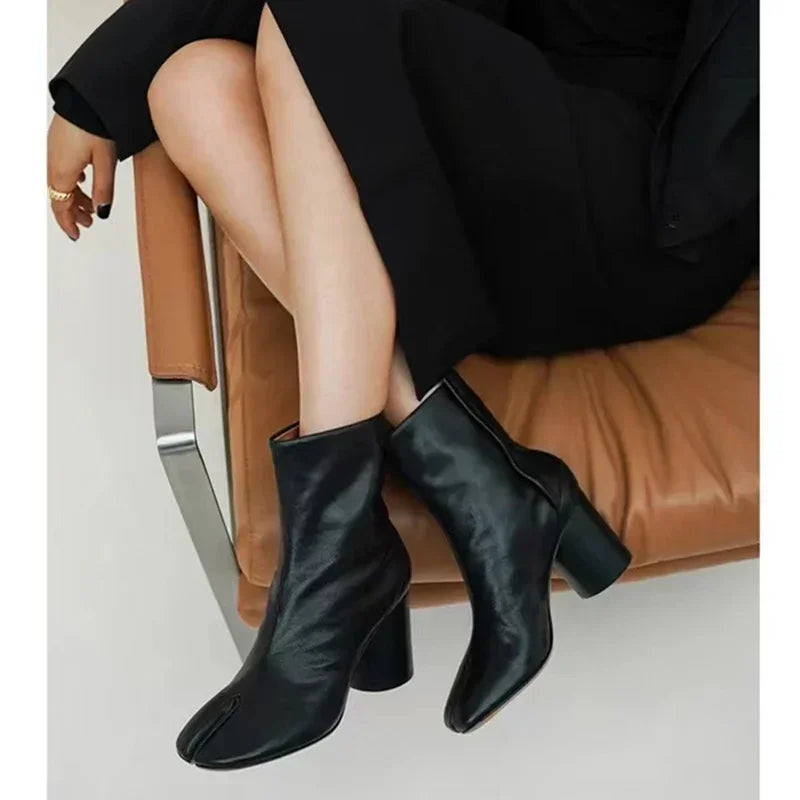 2024 Autumn Winter Soft Leather Split toe Tabi Women Ankle Boots Fashion Thick High heels Chunky Shoes Ins Style Short Booties - Evallys.com