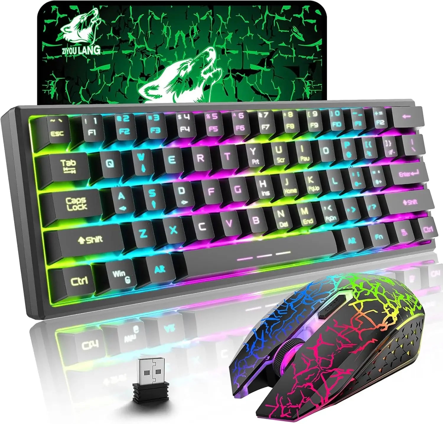T61 Wireless Gaming Keyboard and Mouse Combo, Ergonomic 61 Key Rainbow LED Backlight Rechargeable 4000mAh Battery Mouse Pad - Evallys.com