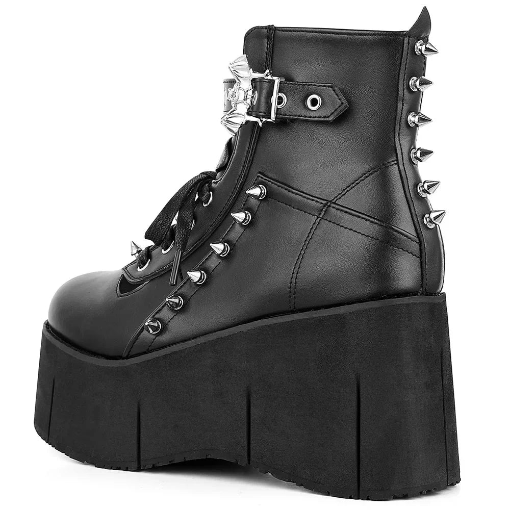 GIGIFOX Goth Punk Stylish High Platform Ankle Boots For Woman High Wedges Heel Side Zipper Round Toe Metal Rivet Punk Girl Boots - Evallys.com