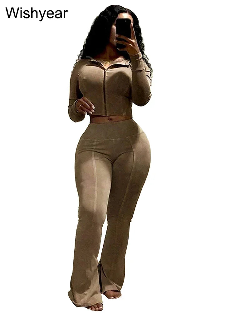 Sportswear Wash Retro Two 2 Piece Pants Set Sales Fall Winter Women Hoodies Jacket and Flared Trousers Suit Athletic Pink Outfit - Evallys.com