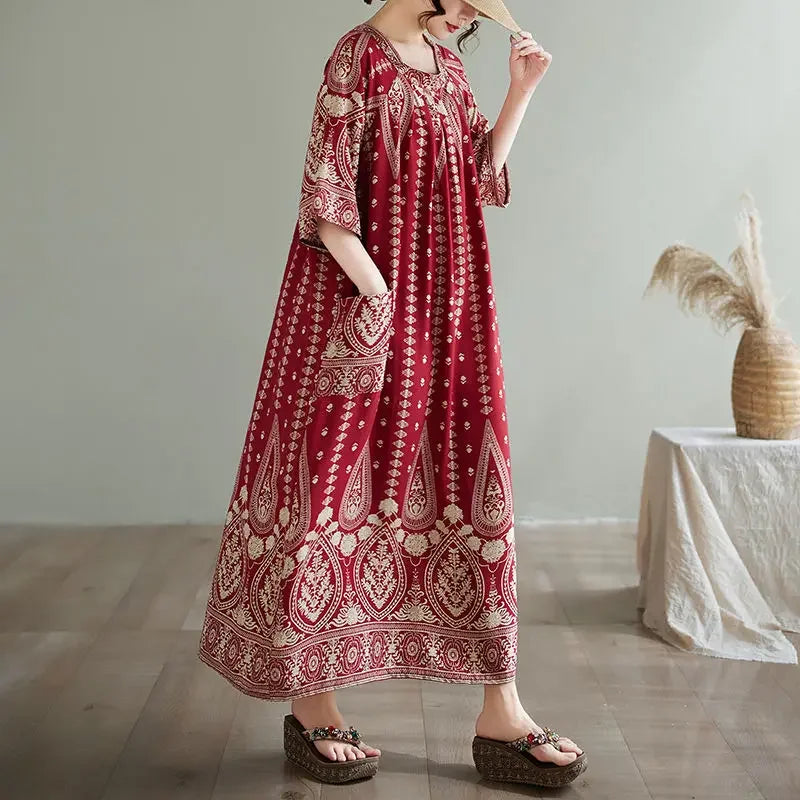 Summer Ethnic Print Dress with Pockets – Loose Mid-Calf Casual Wear - Evallys.com