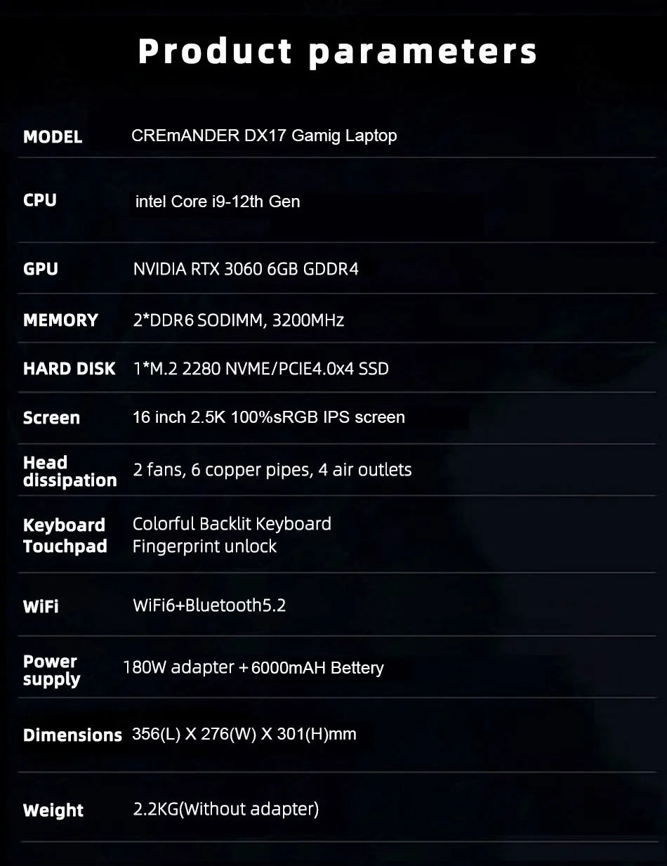 CRELANDER Laptop Gamer 16 Inch Intel Core i9 Processor 2.5k IPS Screen 165Hz RTX 3060 6G RAM 64GB 4TB SSD Notebook Gaming Laptop - Evallys.com