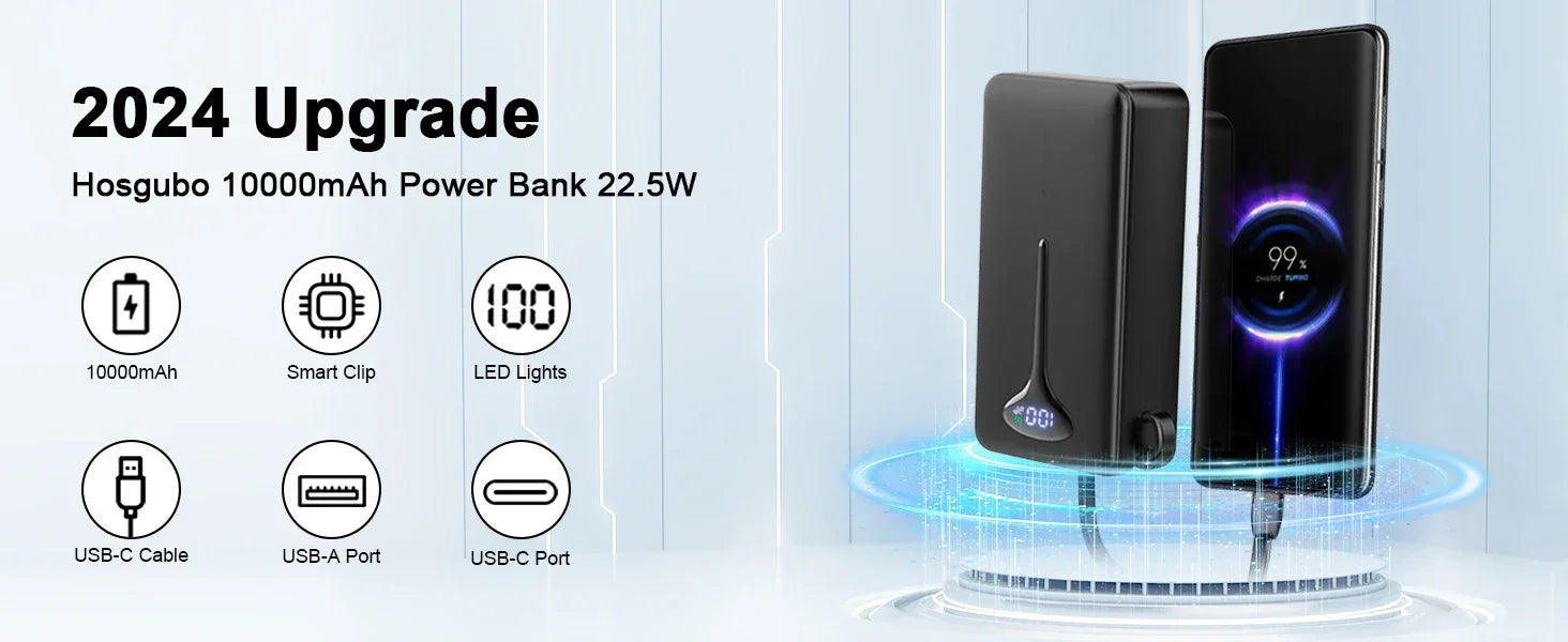 10000mAh Portable Charger Power Bank with 22.5W Fast Charging, USB-C In&Out, Built-in Cable,Travel Essentials for iPhone,Android - Evallys.com