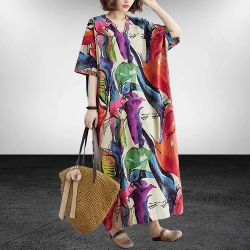 Oversized Cotton Linen Floral Maxi Dress – Vintage Boho Summer Wear - Evallys.com