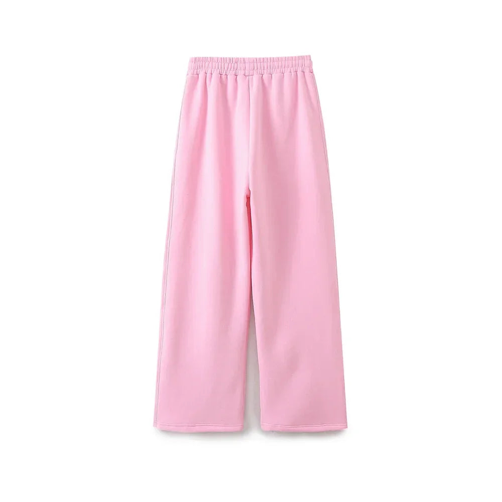 TRAF 2024 Spring Female Casual Hoodies Zipper Coats+Elastic Waist Baggy Pants 2 Pieces Set Elegant Loose Solid Pink Grey Pants - Evallys.com