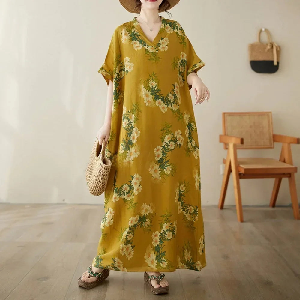 Vintage Cotton Summer Maxi Dress – Harajuku Floral Beachwear - Evallys.com