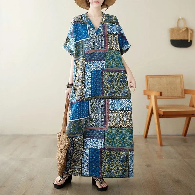 Vintage Cotton Summer Maxi Dress – Harajuku Floral Beachwear - Evallys.com
