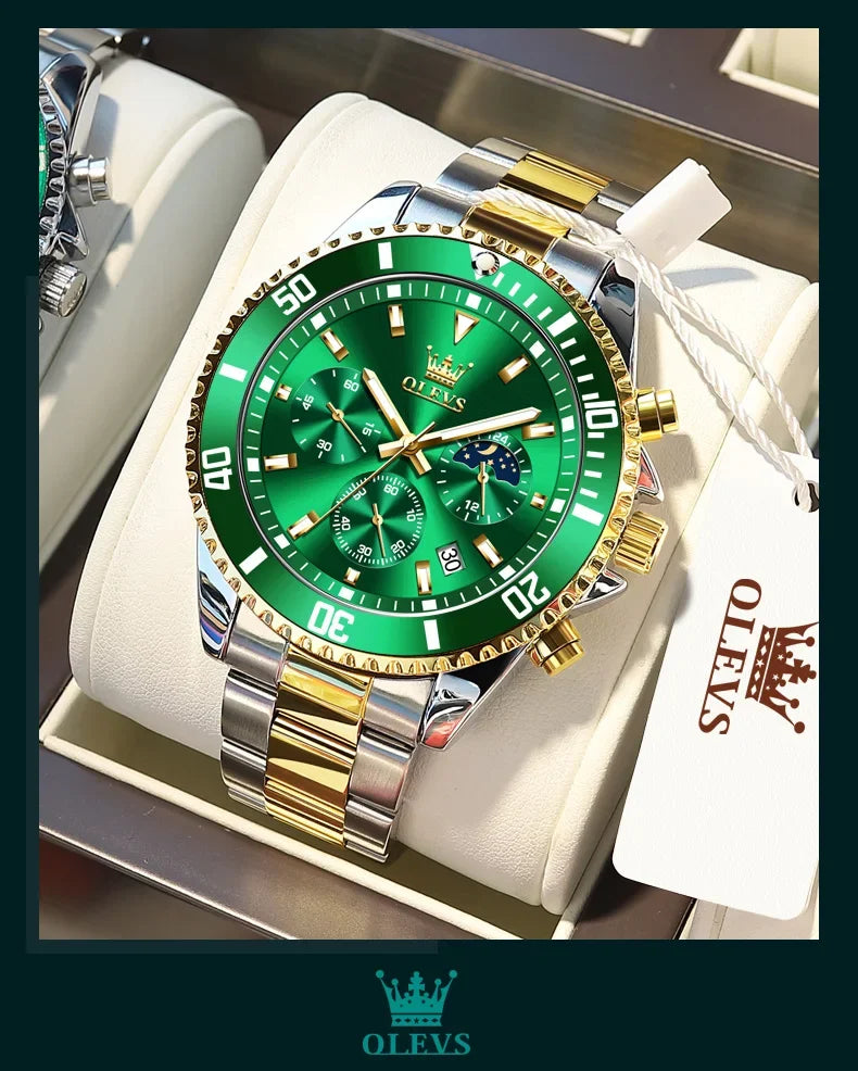 OLEVS Men's Watches Top Brand Luxury Watch for Men Original Waterproof Stainless Steel Chronograph Moon Phase Date Rota Dial - Evallys.com