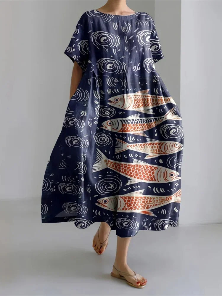Elegant 3D Printed Women’s Ankle-Length Crewneck Casual Dress - Evallys.com