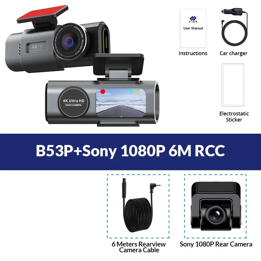 Dash Cam Dual Lens 4K UHD Recording Car Camera DVR Night Vision Video Recorder Built-In Wi-Fi Support GPS 24H Parking - Evallys.com