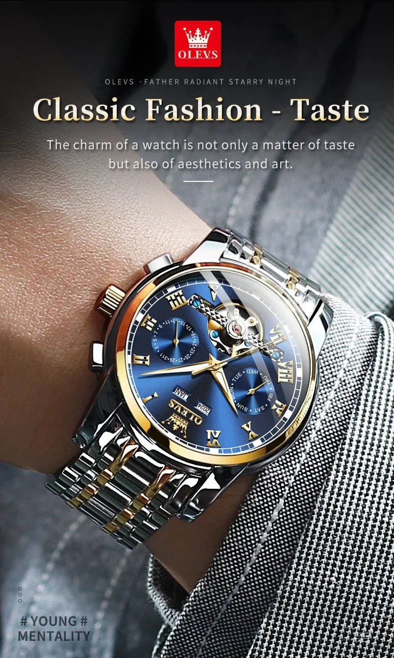 OLEVS Men's Watches Automatic Mechanical Business Wristwatch Waterproof Stainless Steel Strap Watch for Man Skeleton Calendar - Evallys.com
