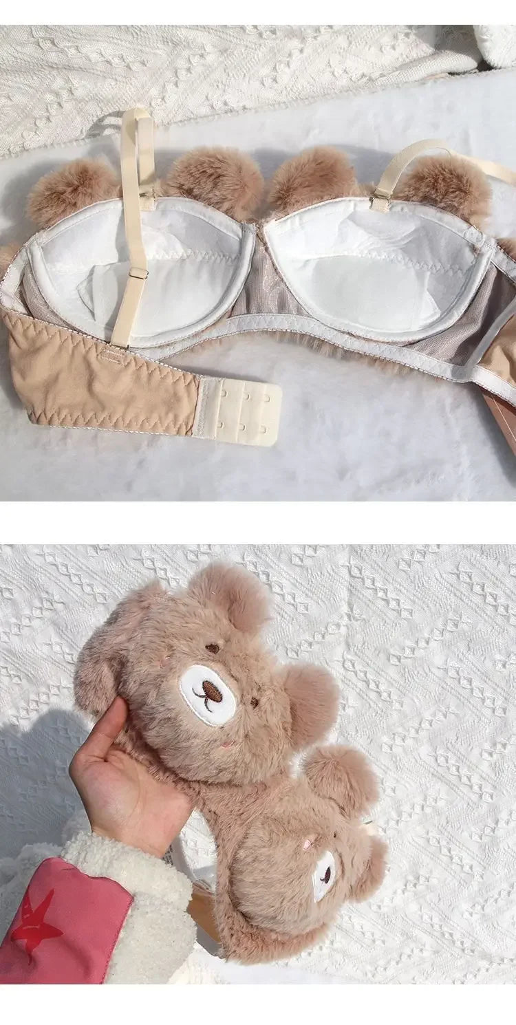 Japanese Girls Winter Soft Ropa Interior Cute Lingerie for Women Cartoon Bear Students Plush Sexy Bras Wireless Thin Bra Set - Evallys.com
