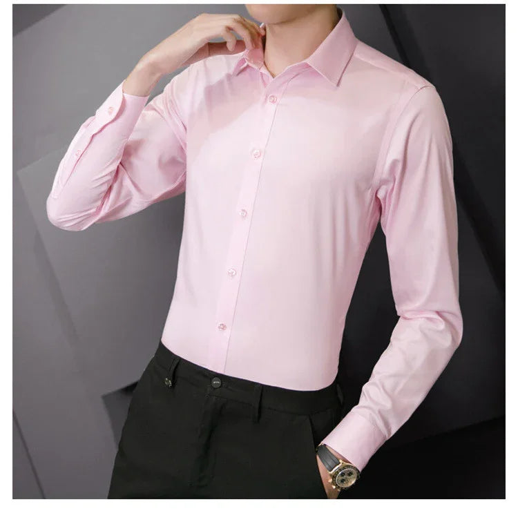 New Plus Size Men Solid Color Business Shirt Fashion Classic Basic Casual Slim White Long Sleeve Shirt Brand Clothes - Evallys.com