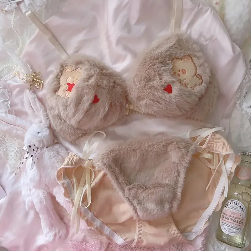 Japanese Girls Winter Soft Ropa Interior Cute Lingerie for Women Cartoon Bear Students Plush Sexy Bras Wireless Thin Bra Set - Evallys.com