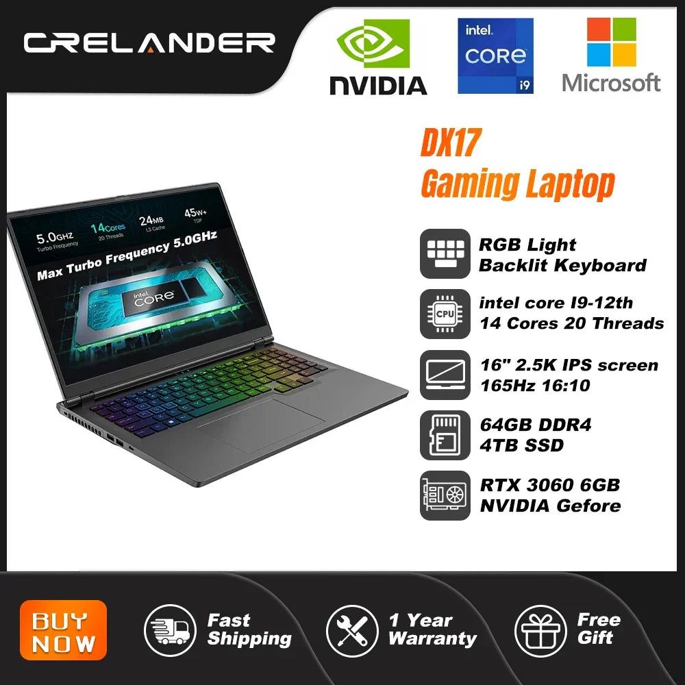 CRELANDER Laptop Gamer 16 Inch Intel Core i9 Processor 2.5k IPS Screen 165Hz RTX 3060 6G RAM 64GB 4TB SSD Notebook Gaming Laptop - Evallys.com