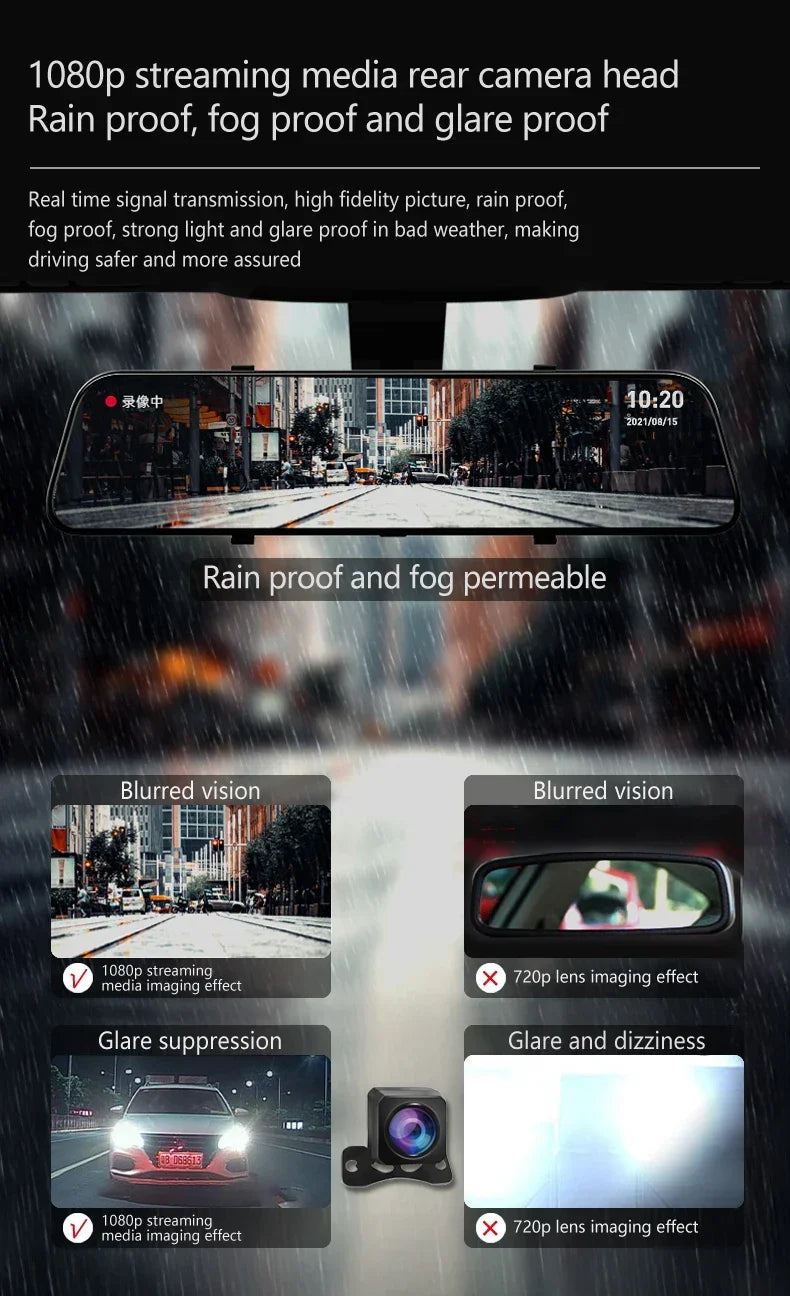 10 Inch Mirror Camera for Car Touch Screen Video Recorder Rearview Mirror Dash Cam Front and Rear Camera Mirror DVR Black Box - Evallys.com