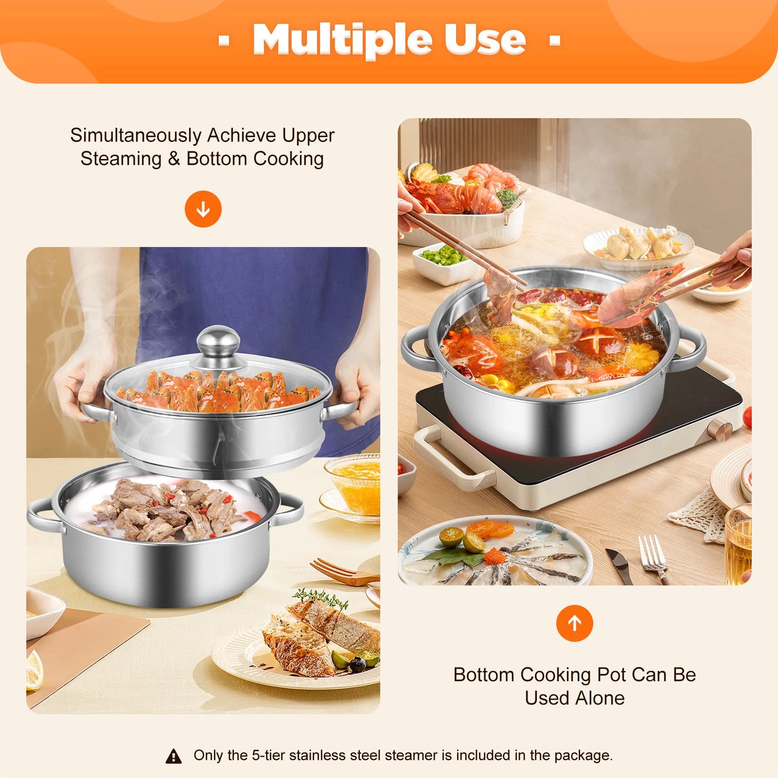 26CM 5 Tier Stainless Steel Steam Cooker Steamer Food Vegetable Pot Kitchen
