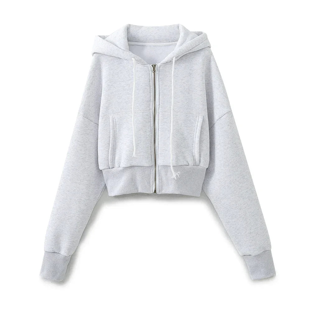 TRAF 2024 Spring Female Casual Hoodies Zipper Coats+Elastic Waist Baggy Pants 2 Pieces Set Elegant Loose Solid Pink Grey Pants - Evallys.com