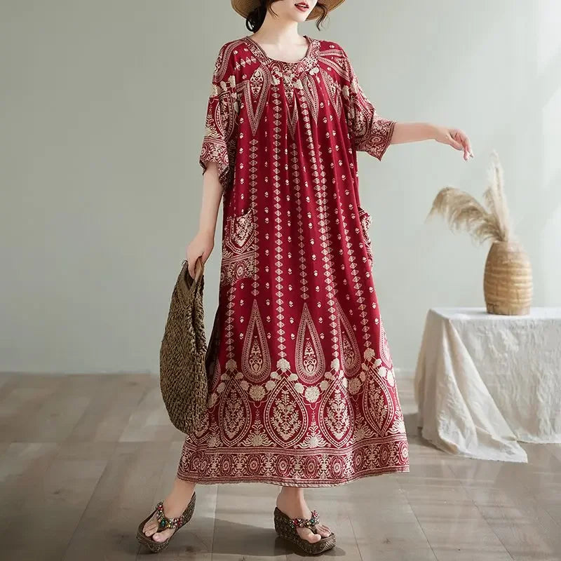 Summer Ethnic Print Dress with Pockets – Loose Mid-Calf Casual Wear - Evallys.com